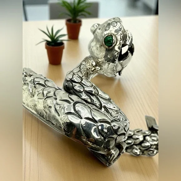 Nacho Gomez Taxco 950 Sterling Silver Rattlesnake Bracelet Malachite Eyes NWOT - Picture 1 of 17